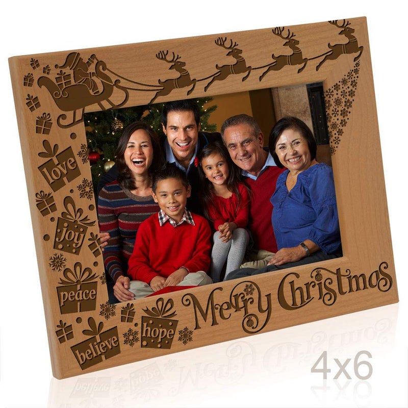 KATE POSH Merry Christmas Love Peace Joy Believe Hope, The Magic of Christmas Family Picture Frame. Santa, Reindeer and Sleigh Decor. Engraved Natural Wood Photo Frame (4x6-Horizontal) - Image 3